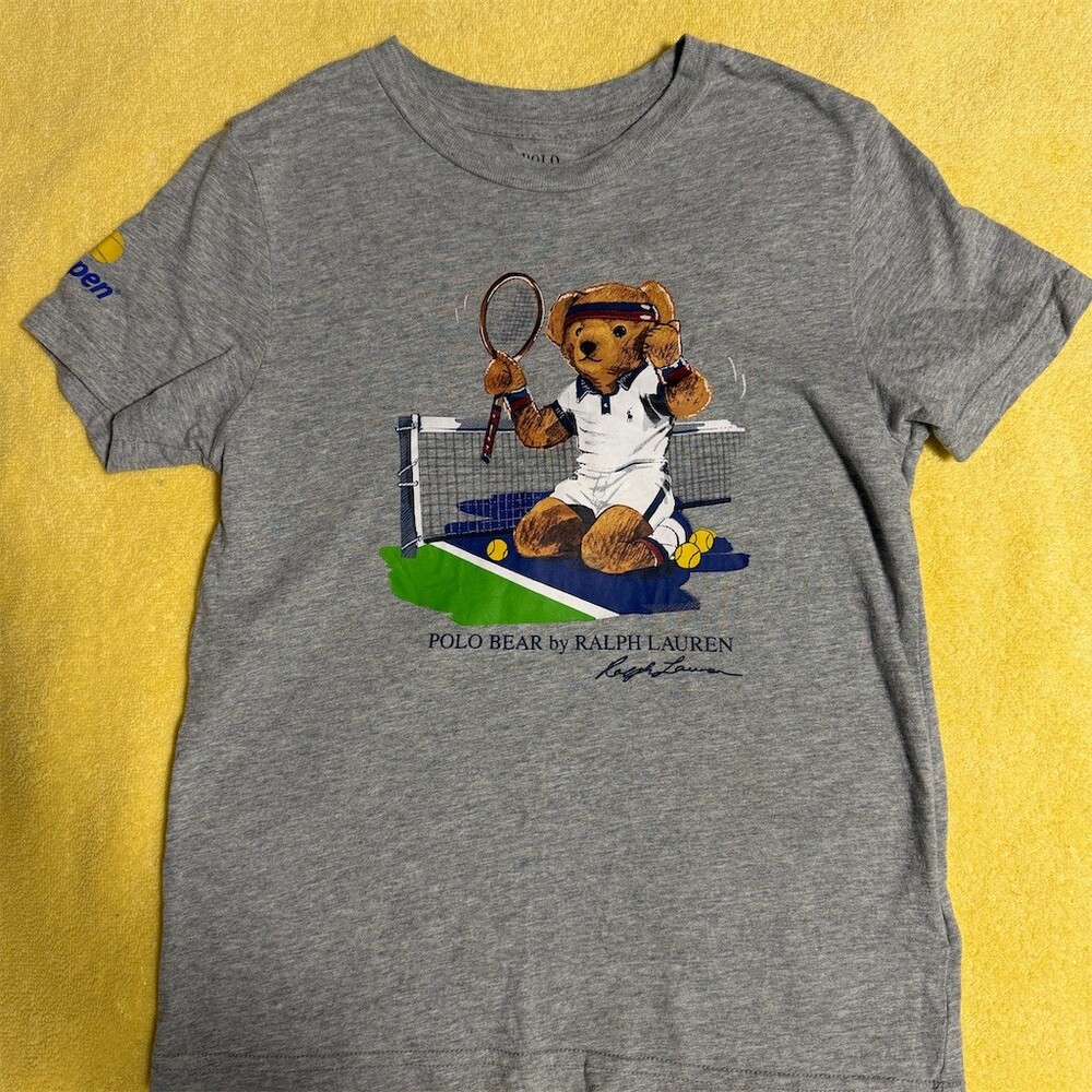 Polo Ralph Lauren T-Shirt Boys Size 6 Gray US Open Polo Bear Tennis